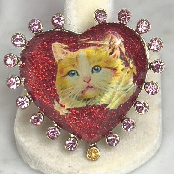 Betsey Johnson Cat Heart Cocktail Ring Red Orange Stretch Animal Lover Playful - Picture 1 of 11